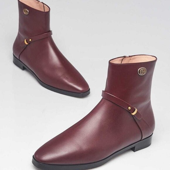 Gucci Burgundy Smooth Leather Elite GG Ankle Boots Size 8/38.5 - Picture 1 of 5